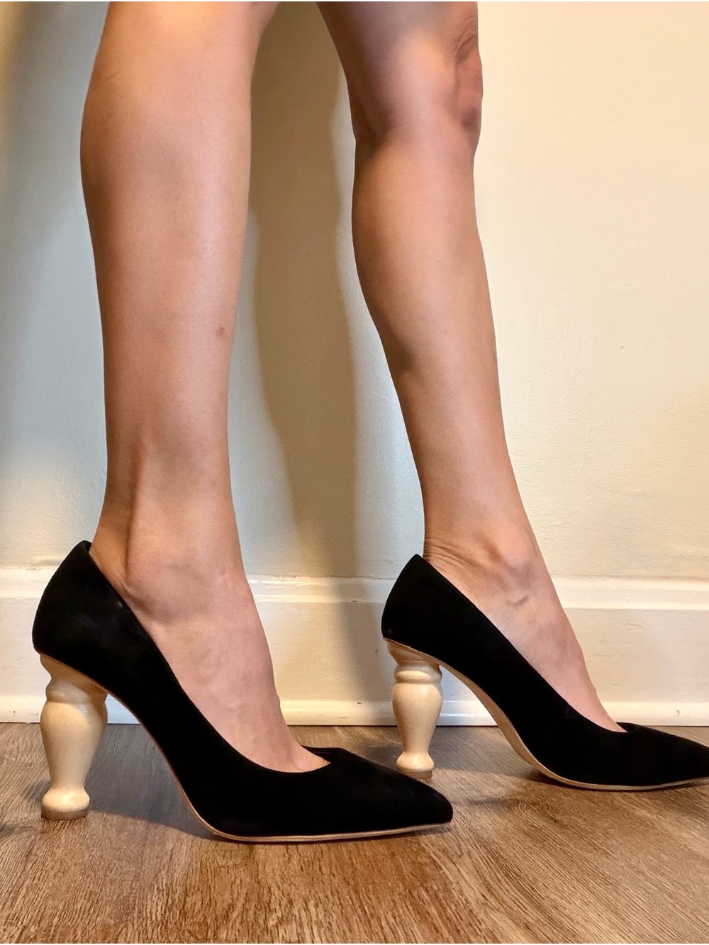 Charlotte Stone Black Suede Pumps with Sculpted Wood-Tone Heel